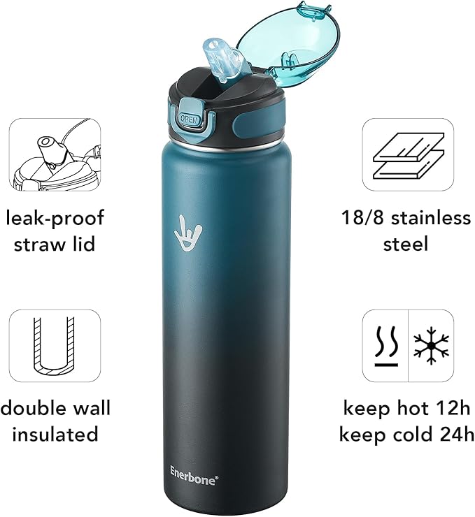 Enerbone 32 oz Insulated Water Bottle, Stainless Steel Bottle with Carrying Strap, Double-Wall Vacuum Insulation Design, Leakproof Sports Bottle with Straw, Keep Drinks Cold or Hot for Hours
