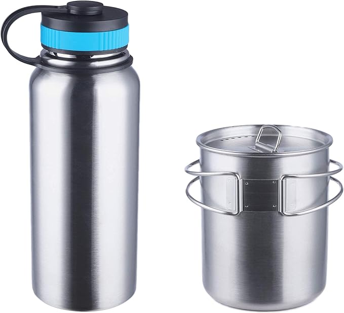 Canteen Stainless Steel Water Bottle with Nested Camping Cup and Lid for Bug Out Bag, Bushcraft Gear, Metal Canteen with a Wide Mouth Water Bottle and Mess Kit