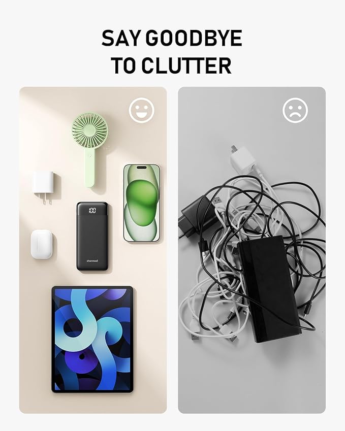 charmast Portable Charger with Built in Cables, 10000mAh Slim Power Bank, 15W USB C in&Out Port High Speed Charging External Charger, Battery Pack Compatible with iPhone 16 15 13 Samsung Google iPad