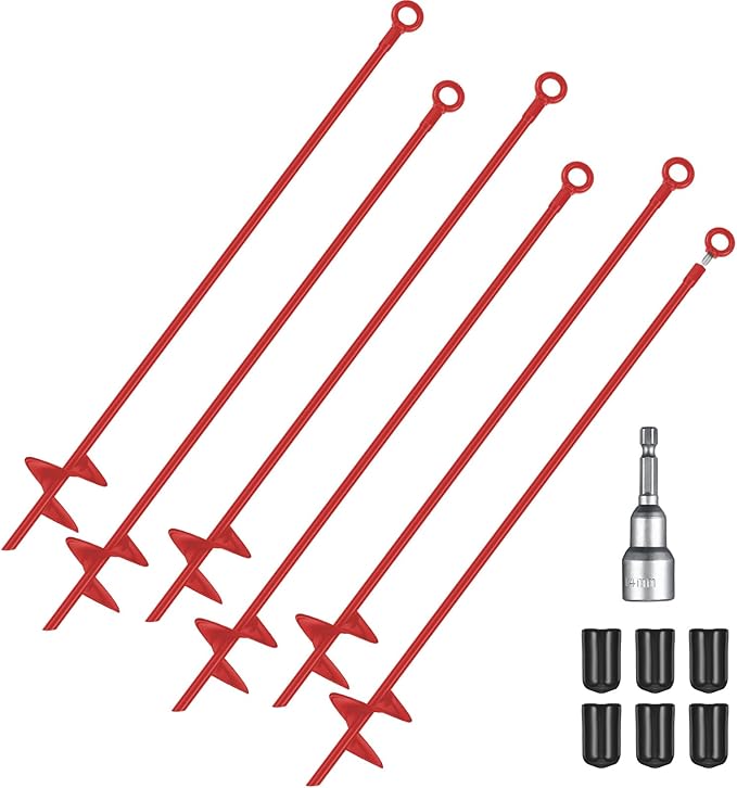 Lasnten 30 Inch Heavy Duty Ground Anchor Spiral Blade Earth Anchor Kit Metal Anchor Hook Beach Sand Stakes Camping for Securing Animals, Shelters, Tents, Canopies(Red,6 Pcs)