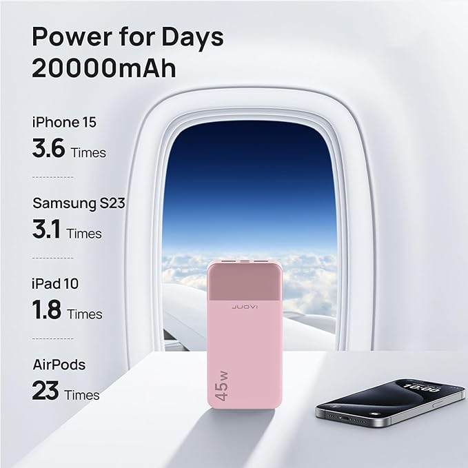 J2621 Power Bank Portable Charger,20000mAh 45W PD3.0 QC 4.0 Fast Charging Battery Pack with LED Display,2 USB-C,2 USB-A for iPhone 15 16, MacBook (Pink)