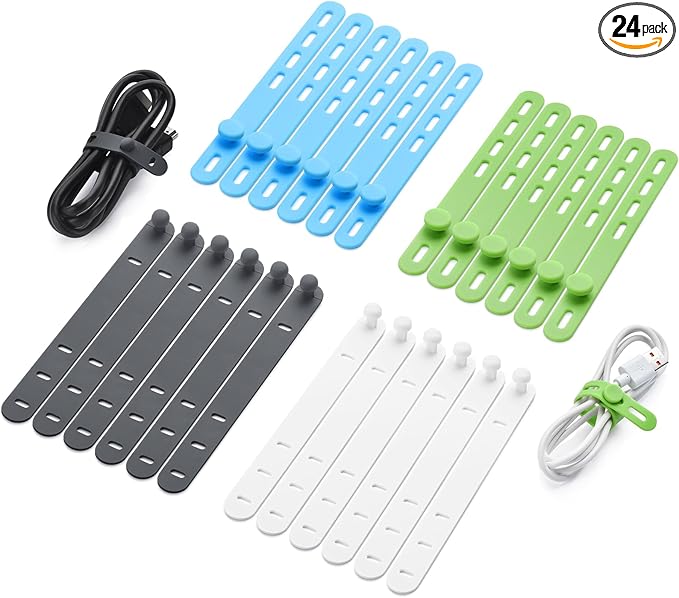 24 Pcs Silicone Cable Ties, Cord Organizer Ties, Cord Ties Reusable, Cord Wrap Cable Organizer 5Inch Cable Management (4 Color) Cbfoeyk