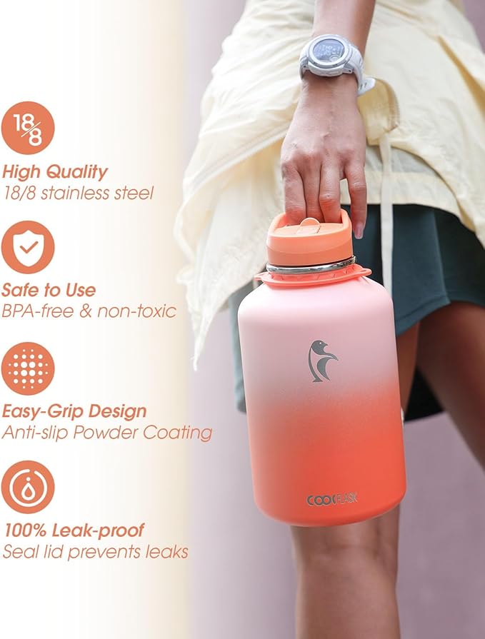 Coolflask 64 oz Water Bottle with Straw, Half Gallon Insulated Large Water Jug with Straw & Spout Lids, Double Wall Stainless Steel Metal Flask, Keep Cold 48h Hot 24h, Sunny Orange