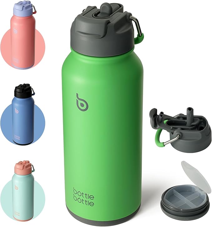 BOTTLE BOTTLE 32oz Insulated Water Bottle Stainless Steel Sport Water Bottle with Straw Dual-use Lid Design for Gym with Pill Box