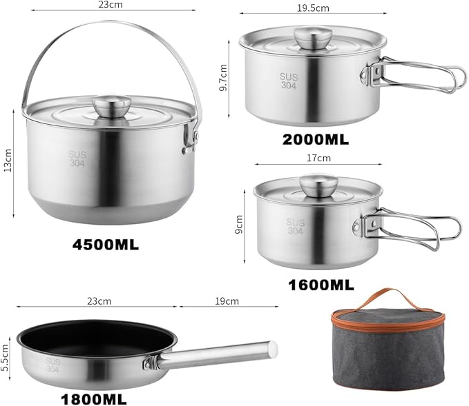 304 Stainless Steel Camping Cookware Set, Pots and Pans for Campfire Cooking, Includes Travel Tote Bag for 4-6 People