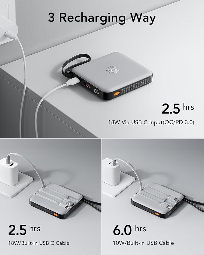 VRURC Portable Phone Charger 4 Built-in Cables, Fast Charging PD 20W Power Bank 10000mAh, USB C Mini Battery Pack for iPhone 16 15 14 Samsung Galaxy S23 Google Android Cell Phones(1 Pack)