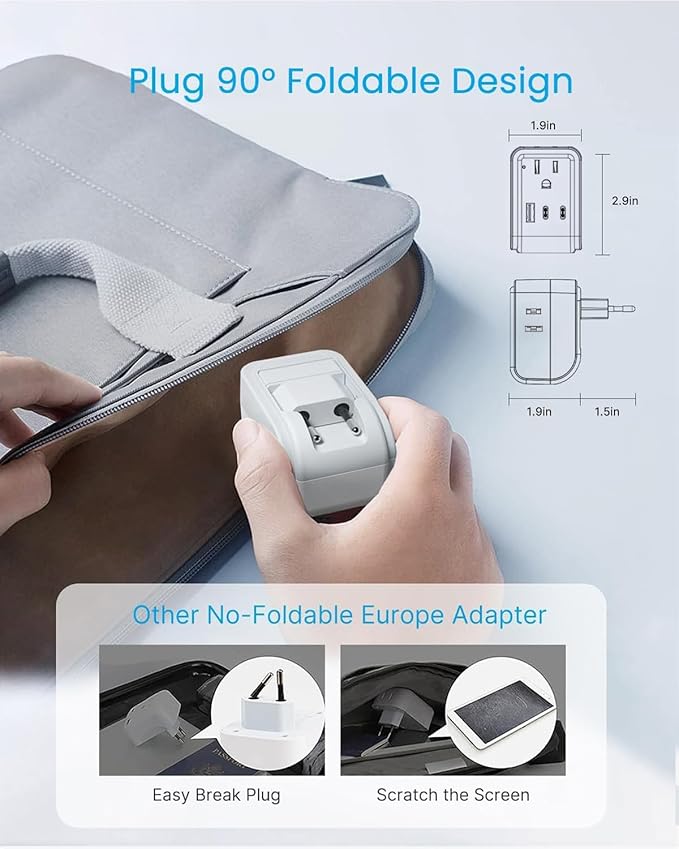 1 Pack European Travel Plug Adapter, VINTAR PD 20W Foldable Type C Adapter with 4 AC Outlets 3 USB Ports(2 USB C), Travel Essentials Charger for US to Most of Europe EU Italy Spain France