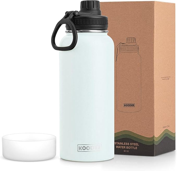 koodee Insulated Water Bottle, 32 oz Stainless Steel Double Wall Vacuum Wide Mouth Sport Bottle with Leakproof Spout Lid （Bby Blue）