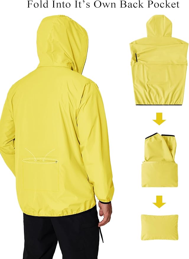 COOFANDY Men's Packable Rain Jacket Lightweight Waterproof Raincoat with Hood Travel Hiking Golf Windbreaker