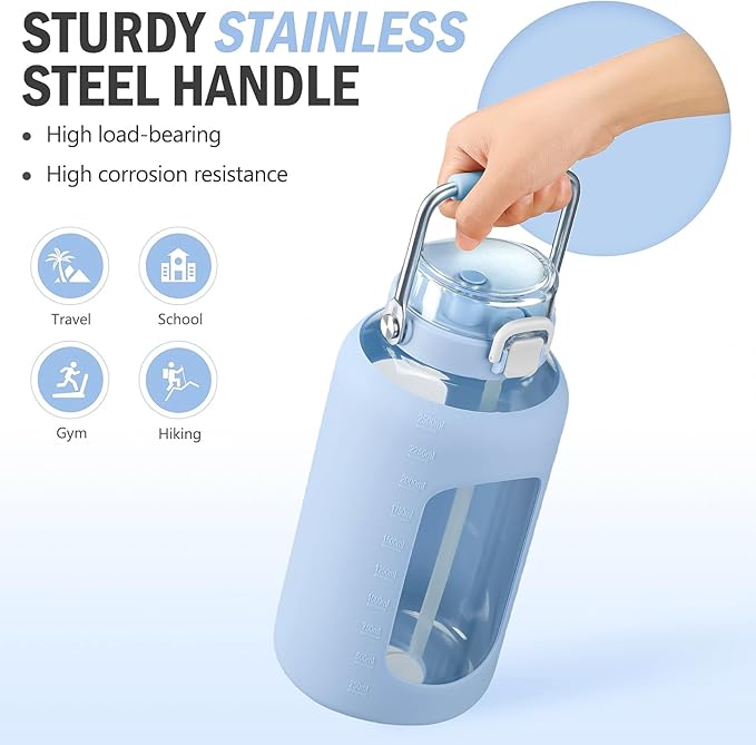 BLUEGO 84oz Water Bottle Glass with Stainless Steel Handle Large 2.5l Water Bottle with Time Markers and Silicone Sleeve Half Gallon Water Jug BPA Free for Gym Daily Use, Blue
