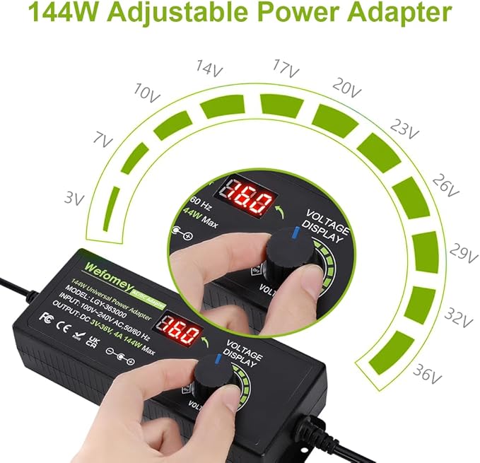 Universal Power Supply 3V~36V 4A 144W Adjustable Variable 3V 5V 9V 12V 24V 30V 36V AC/DC Adapter Charger, 100V-240V AC to DC Converter with 14 Tips, Polarity Converter and 4-Way Power Splitter Cable