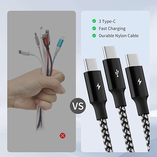 Multi Charging Cable,USB C Splitter Cable,3 in 1 Fast Charging Cord with 3 Type-C Port for iPhone 17 16 Pro Max Galaxy S23 S22 S10 Note 20 Cell Phones Tablets and More,1Pack 5FT