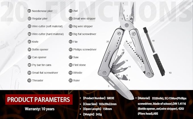 ROXON S803E Elite Flash Multitool with 20 functions including strong pliers, Flint Rod, full-size lockable blades for Outdoor Essential Survival Tool (D2 Blade)