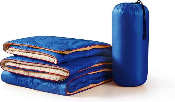 UNIKOME Outdoor Packable Travel Blanket, Lightweight Waterproof Puffy Down Alternative Camping Blanket With Corner Loops, 75'x52', Blue