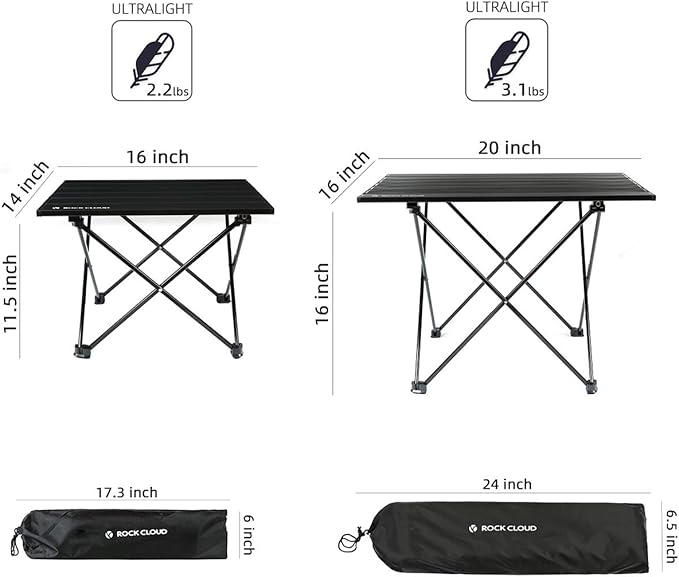ROCK CLOUD Portable Camping Table Ultralight Aluminum Camp Table Folding Beach Table for Camping Hiking Backpacking Outdoor Picnic, Size M