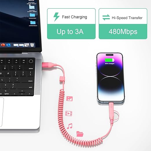 Coiled Carplay 4-in-1 USBA/Type C to USB-C/Lightning Cable Multi Combo for Apple Carplay& Android Auto,60W Fast Charge&Data Sync Car Charger Cord for iPhone 15/14/13/12,Samsung,Android-Pink