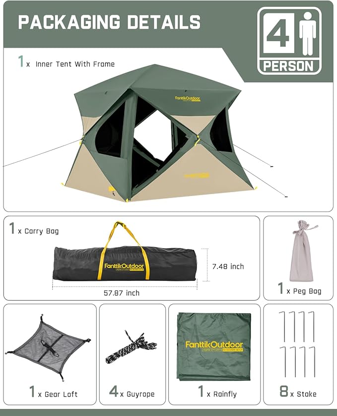 FanttikOutdoor Alpha C4 Ultra Camping Tent 4 Person Pop Up Instant Cabin Setup in 60 Seconds Portable Hub Tent with Rainfly & Windproof for Outdoor Camping & Overlanding