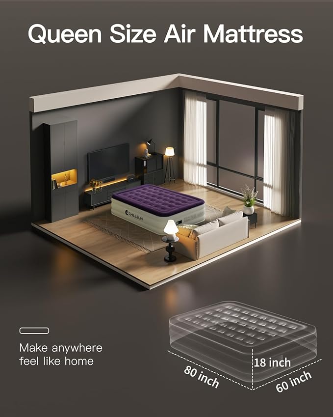 CHILLSUN Air Mattress Queen With Built in Pump - Upgraded Blow Up Bed,2 Mins Quick Self Inflatable and Deflate, 18"/650lbs Max, Strong Support, Flocked Top, Puncture Resistant, for Camping,Home,Guests