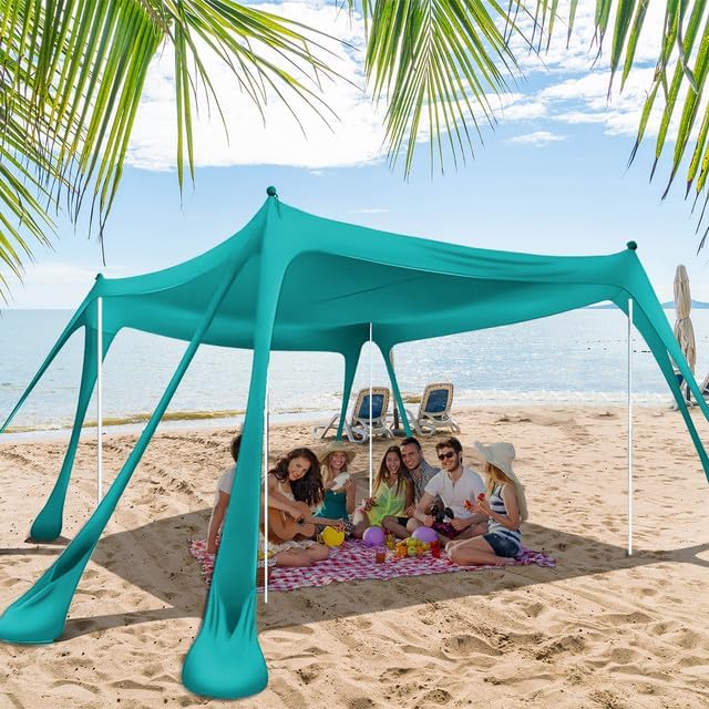 Beach Tent Sun Shelter with 8 Sandbags 10x10ft, Portable Beach Tent Upf50+ UV Protection, Shade Canopy with 4 Stability Poles