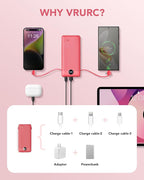 Portable Charger Built-in Cables and AC Wall Plug, VRURC USB C Power Bank 10000mAh, Travel Battery Portable Phone Charger Compact Lightweight External Battery Pack for SmartPhones,Tablets-Viva Magenta