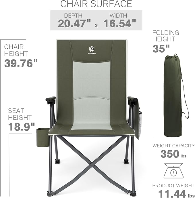 EVER ADVANCED Reclining Camping Chairs for Adult Lightweight, Folding Recliner Chair with Adjustable Back, 4-Level Lounge Chairs, Portable Lawn Chairs for Patio Balcony, Supports 350lbs Green