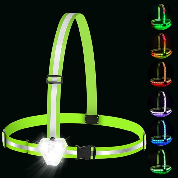 Zacro Reflective Running Vest with 9 RGB Modes, 500LM High Visibility Chest Light for Runners, Rechargeable Light Up Running Gear for Night Safety Cycling Hiking Dog Walking Adjustable for Men Women