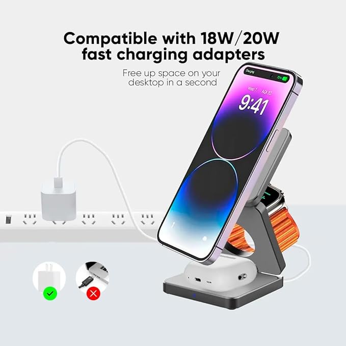 LUNOX 3-in-1 Wireless Charger for iPhone - Apple Watch & AirPods - Foldable Magnetic Fast Charging Dock - Black - White