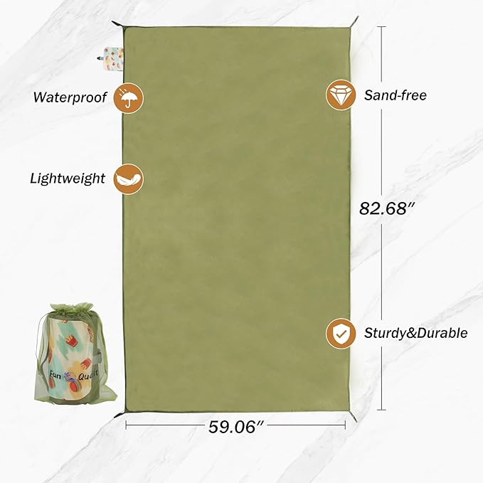 Picnic Blanket Waterproof – Packable Sand Proof Beach Blanket (0.42lb/0.66lb), Compact & Foldable, Fits in Pocket with Integrated Stakes, Ideal for Camping, Hiking, Travel, Concert, Festival