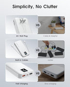 Portable Charger Built-in Cables and AC Wall Plug, 12000mAh power Bank, USB C 22.5W Fast charging Phone Charger ,Compact Lightweight External Battery Pack for iPhones, iPad, Samsung，Tablets, etc.
