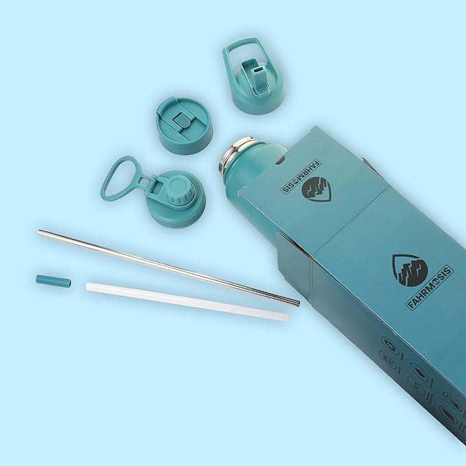 40 Oz Water Bottle with Straw Stainless Steel Sports Water Bottle with 3 Lids (Straw, Chug and Flip Lid) Insulated Leak Proof Metal Jug for Men & Women - Indigo Green