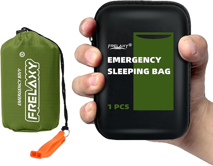 Frelaxy Emergency Sleeping Bag 1-Pack/2-Pack, Extra-Thick Compact Survival Bivy with Whistle, Storage Pouch, and EVA case, Perfect for Survival Kits (Army Green - 1 Pack)