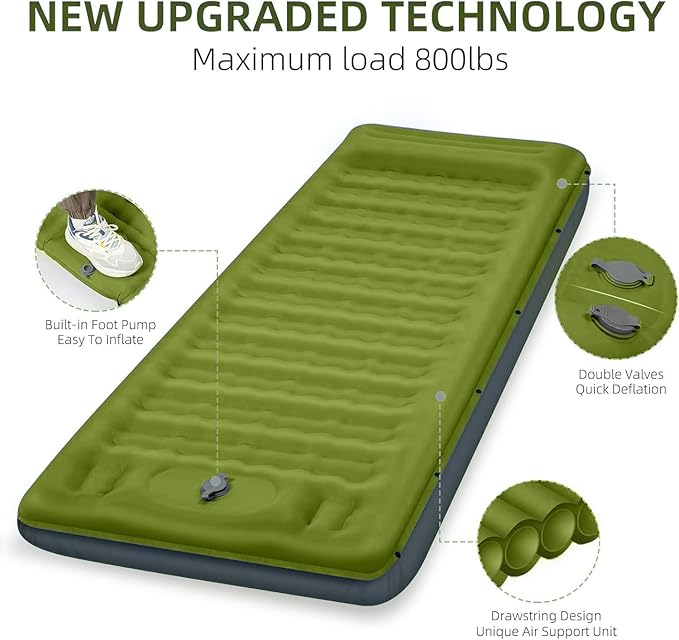 Double Sleeping Pad Camping, Self Inflating 6'' Extra-Thick 2 Person Pillow Built-in Foot Pump Waterproof Inflatable Sleeping Mat Backpacking, Tent, Hiking, Portable Camping Pad