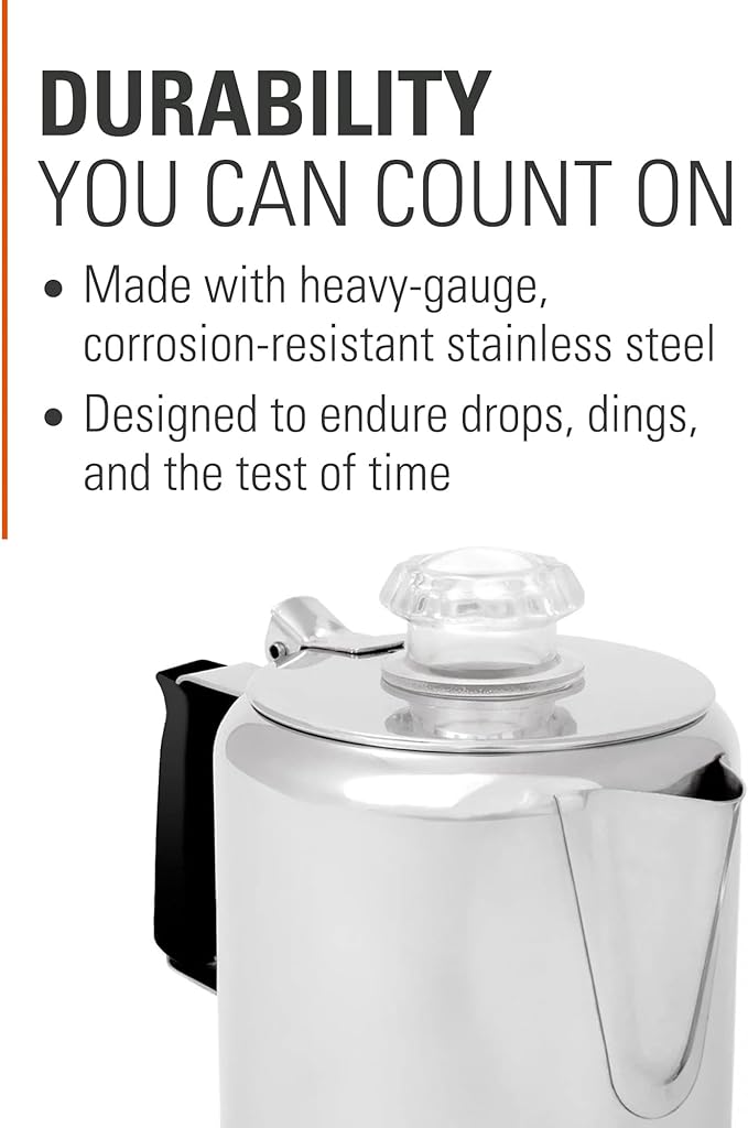 GSI Outdoors Percolator Coffee Pot I Glacier Stainless Steel with Silicone Handle for Camping, Backpacking, Travel, RV & Hunting - Stove Safe