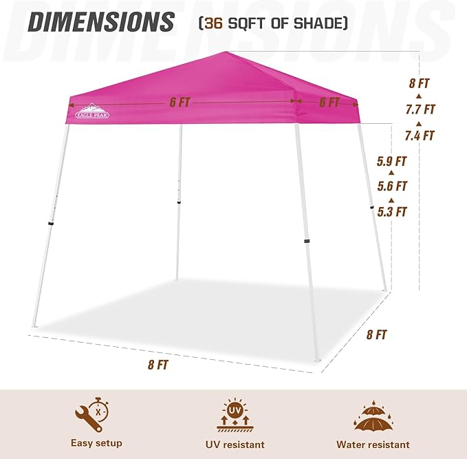 EAGLE PEAK 8x8 Slant Leg Pop-up Canopy Tent Easy One Person Setup Instant Outdoor Beach Canopy Folding Portable Sports Shelter 8x8 Base 6x6 Top (Pink)
