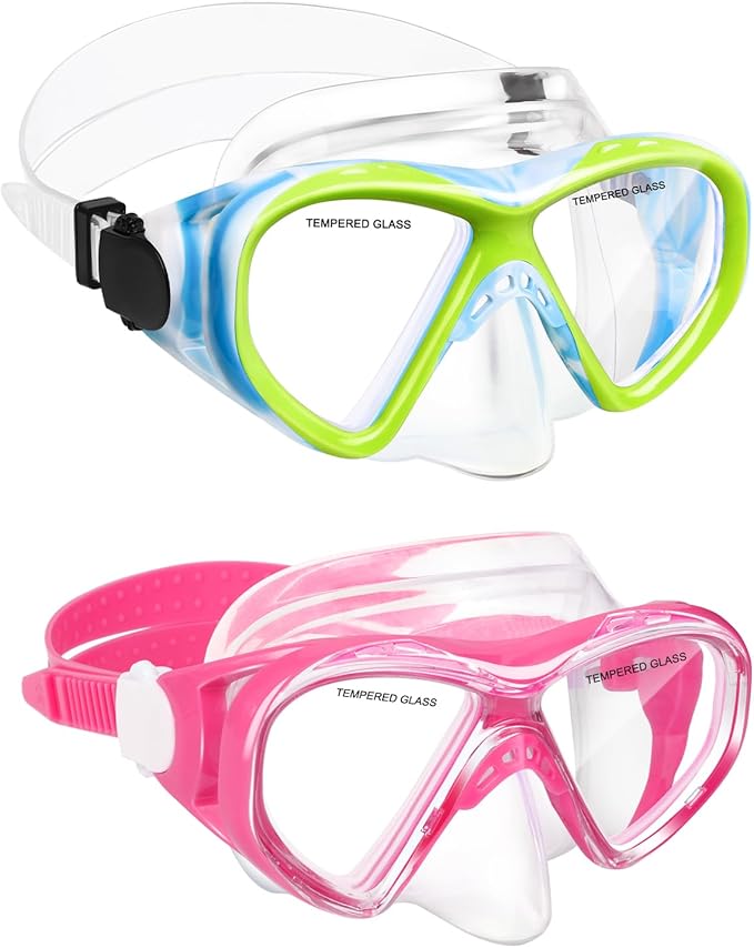 Kids Swim Goggles Snorkel Diving Mask for Boys Girls Ages 5-15, Two-Color Anti-Fog Swimming Goggles with Nose Cover