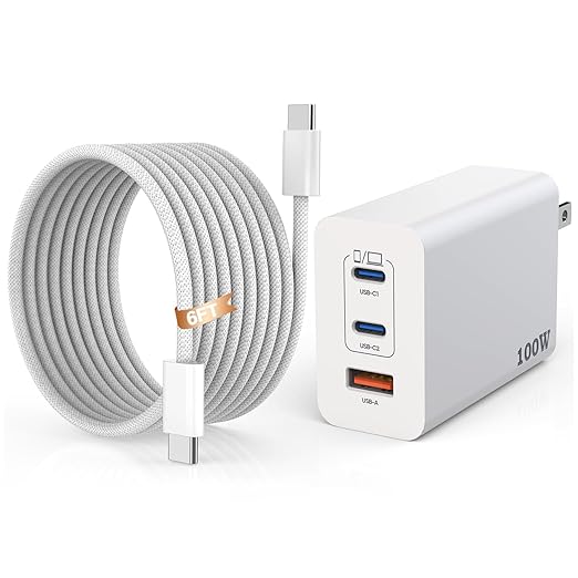 100W USB C Charger,GaN 3-Port Super Fast Charger(Dual Port Type C+A)100W USB-C Laptop Fast Charging Block with 6FT Woven Type C-C Cable for MacBook Pro/Air,iPad Pro/Air,iPhone17/16/15 Air Pro Max Plus
