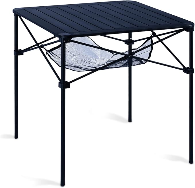 iClimb Lightweight Stable Alu. Folding Square Table Roll Up Top with Carry Bag for Camping Picnic Backyards BBQ Camp Kitchen (Black, L)