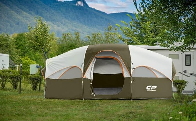 CAMPROS CP Tent 8 Person Camping Tents, Weather Resistant Family Tent, 5 Large Mesh Windows, Double Layer, Divided Curtain for Separated Room, Portable with Carry Bag