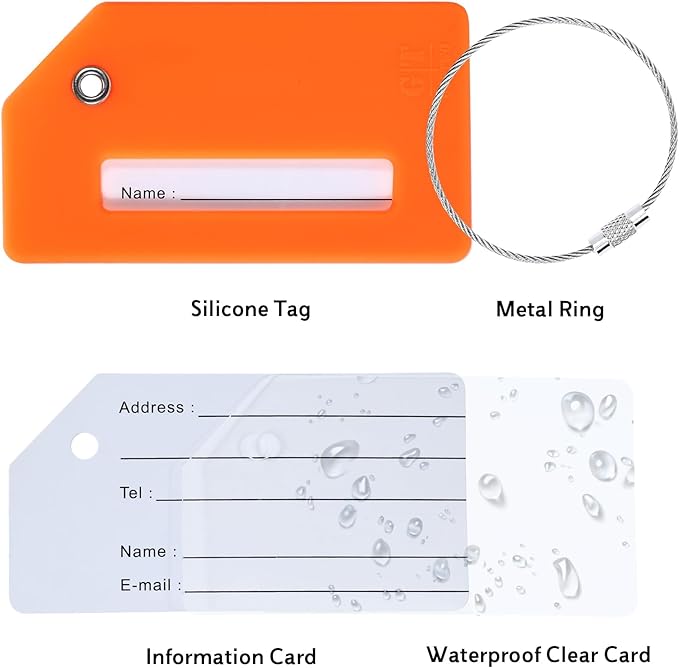 14 Pack Silicone Luggage Tag for Suitcases with Stainless Loop, TSA Approved, Privacy Protection Travel Essentials Bag Tags by Gostwo, Orange