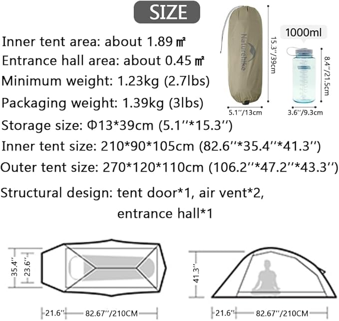 Naturehike 2024 Cloud up Pro Tent, Upgrade Ultralight Tents,1.23kg/2.7lbs,Double 1 Person Tent,for Cycle Camping,Backpacking,Hiking,Self-Standing, Construction,Easy Set up