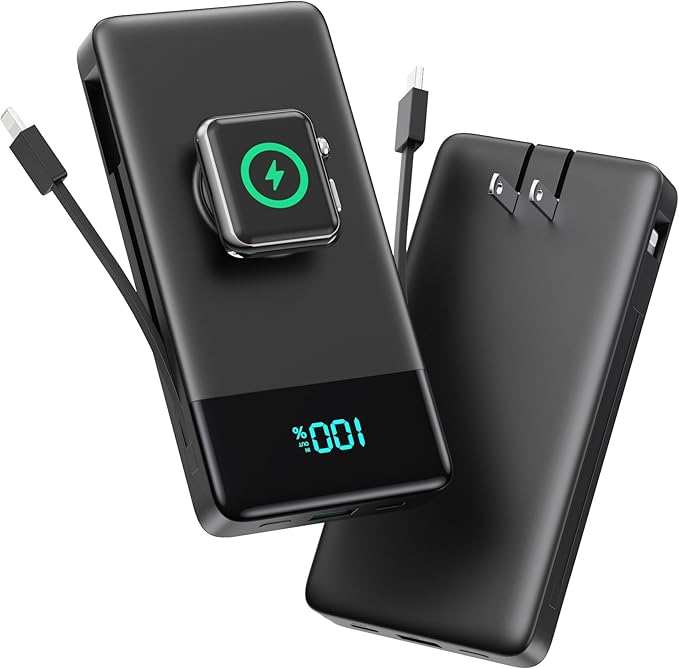 Portable Charger for iPhone with Built in Cables & Wall Plug,6-in-1 10800mah Power Bank with iWatch Charger, QC4.0+25W PD Fast Charging LCD Display Battery Pack for iPhone 16/15/14,Android