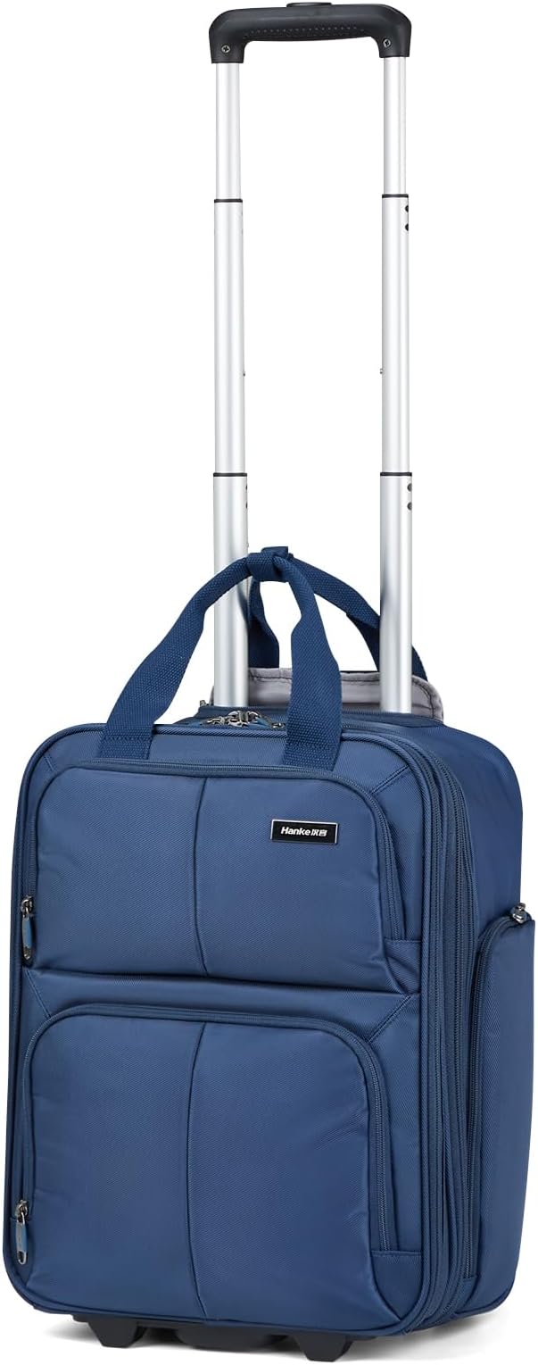 Hanke Softside Expandable Underseat Carry On Luggage for Airplanes,Travel Luggage Rolling Bag Personal Item Bag Small Suitcase,Blue,16-Inch