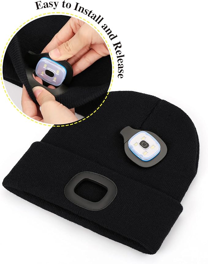MELASA Unisex Hat with Light, USB Rechargeable Hands Free Headlamp LED Beanie, Winter Gifts for Men Dad Father Husband Him
