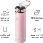 Enerbone 24 oz Insulated Water Bottle, Stainless Steel Bottle with Carrying Strap, Double-Wall Vacuum Insulation Design, Leakproof Sports Bottle with Straw, Keep Drinks Cold or Hot for Hours