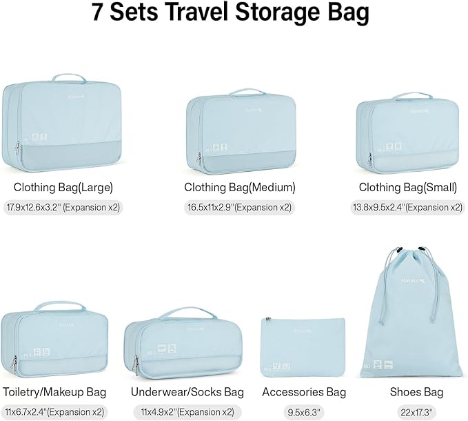 Compression Packing Cubes (Pack of 7), Expandable Luggage Organizer Bags, Hanke Packing Cubes for Travel, Double Zipper Durable Travel Packing Organizers for Suitcase Backpack and Carry-On