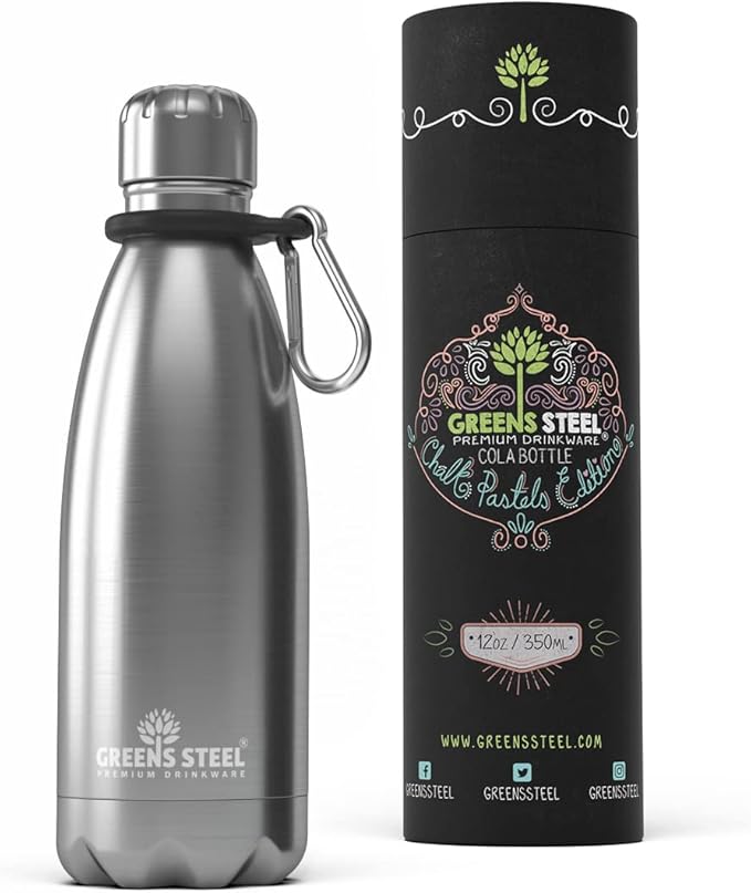 Greens Steel Stainless Steel Water Bottle - 12 oz, Steel | Vacuum Insulated Double Wall with Screw Lid/Leak Proof | Thermal Travel Sports Canteen Coffee Flask