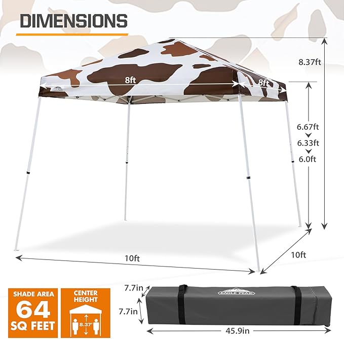 EAGLE PEAK 10x10 Slant Leg Pop-up Canopy Tent Easy One Person Setup Instant Outdoor Beach Canopy Folding Portable Sports Shelter 10x10 Base 8x8 Top (Brown Cow Print)
