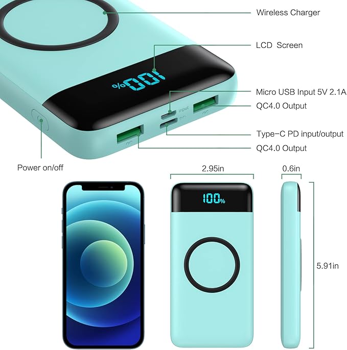 Wireless Portable Charger 30,800mAh 15W Wireless Charging 25W PD QC4.0 Fast Charging Smart LED Display USB-C Power Bank,4 Output& 2 Input External Battery Pack Compatible with iPhone,Samsung etc-Green