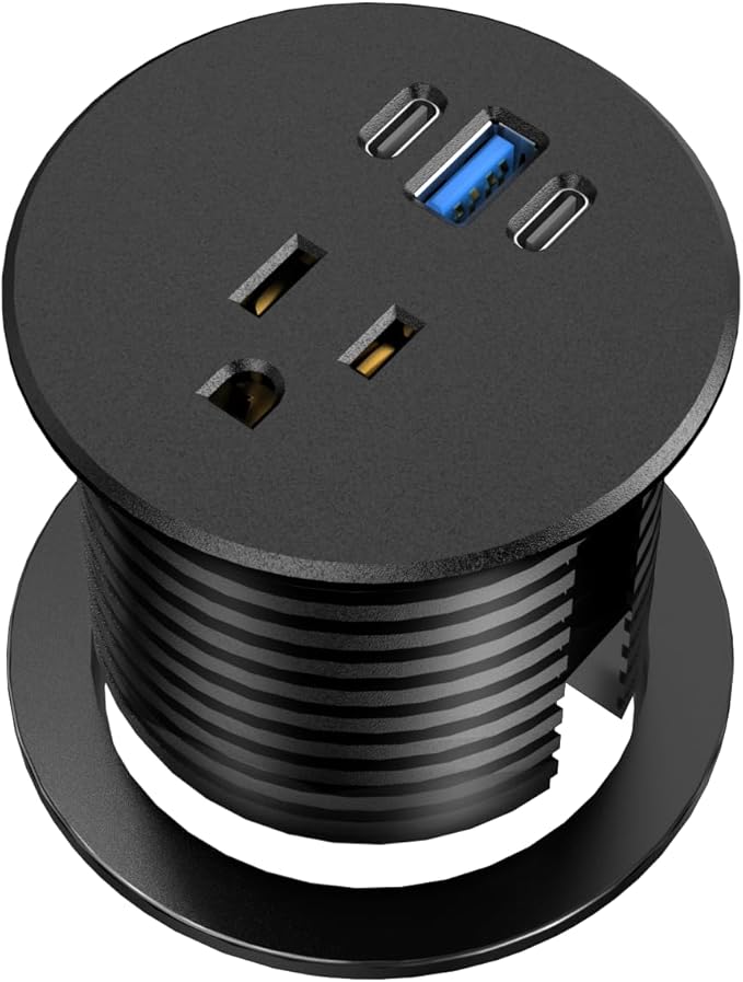 Desk Grommet Power Outlet, 2.5 inch Desktop Recessed Outlet with 20W Fast Charging USB-C Port, Flush Mount Outlet for Conference Rooms, Office Tables, Furniture (Black, 6FT)