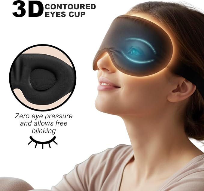 Luxury Sleep Mask – Pack of 2 Ultra-Soft Silk Eye Covers with Adjustable Strap & Soft Ear Loops, 3D Contoured Light Blocking Sleeping Mask for Travel, Naps & Relaxation(Black & Blue)